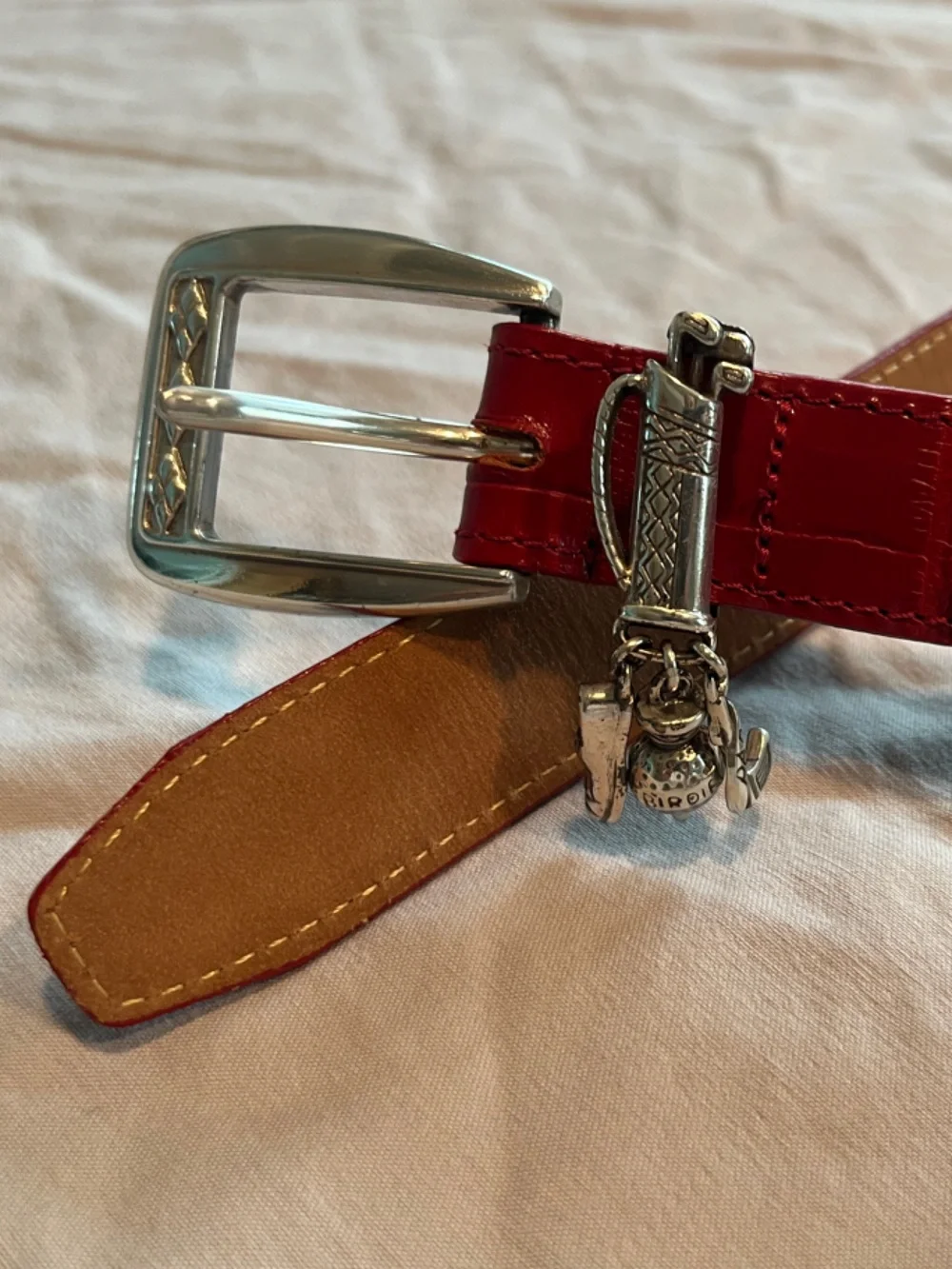 Brighton Red Belt Women’s L 34” Gator Embossed Silver Charm Golf Lover Gift